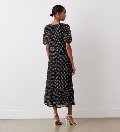 Loretta Black Polka Dot Chiffon Midi Dress