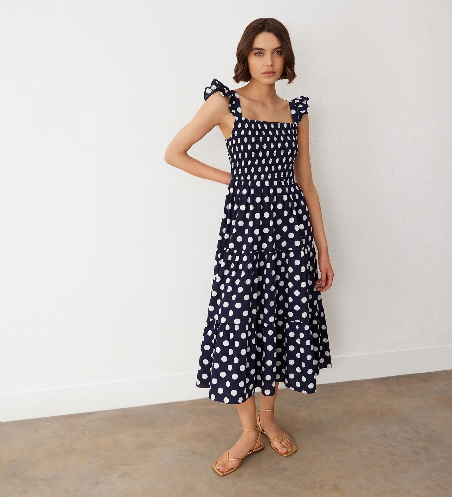 Aurena Navy Spot Cotton Midi Sundress