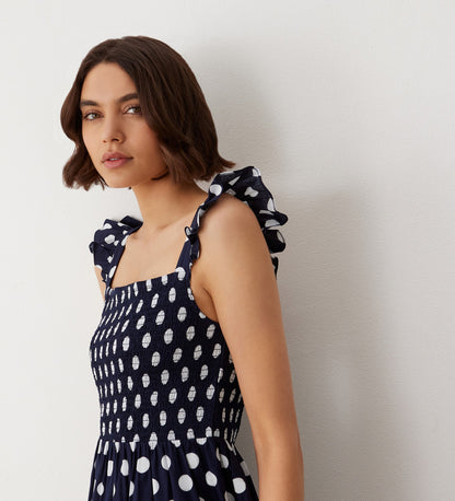 Aurena Navy Spot Cotton Midi Sundress