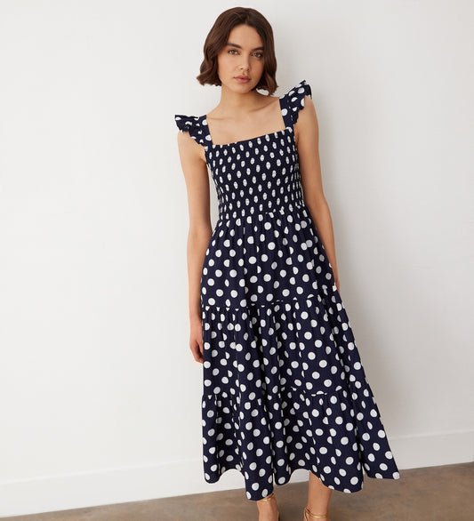 Aurena Navy Spot Cotton Midi Sundress