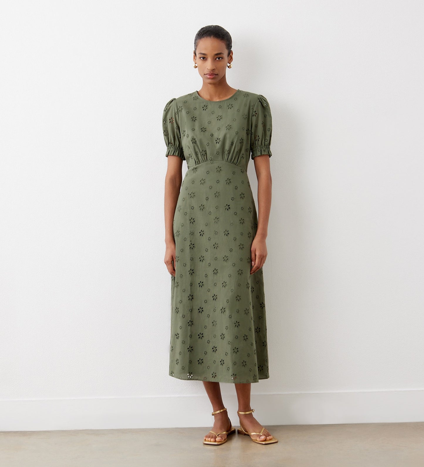 Mela Khaki Broderie Anglaise Cotton Midi Dress