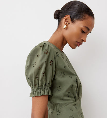 Mela Khaki Broderie Anglaise Cotton Midi Dress