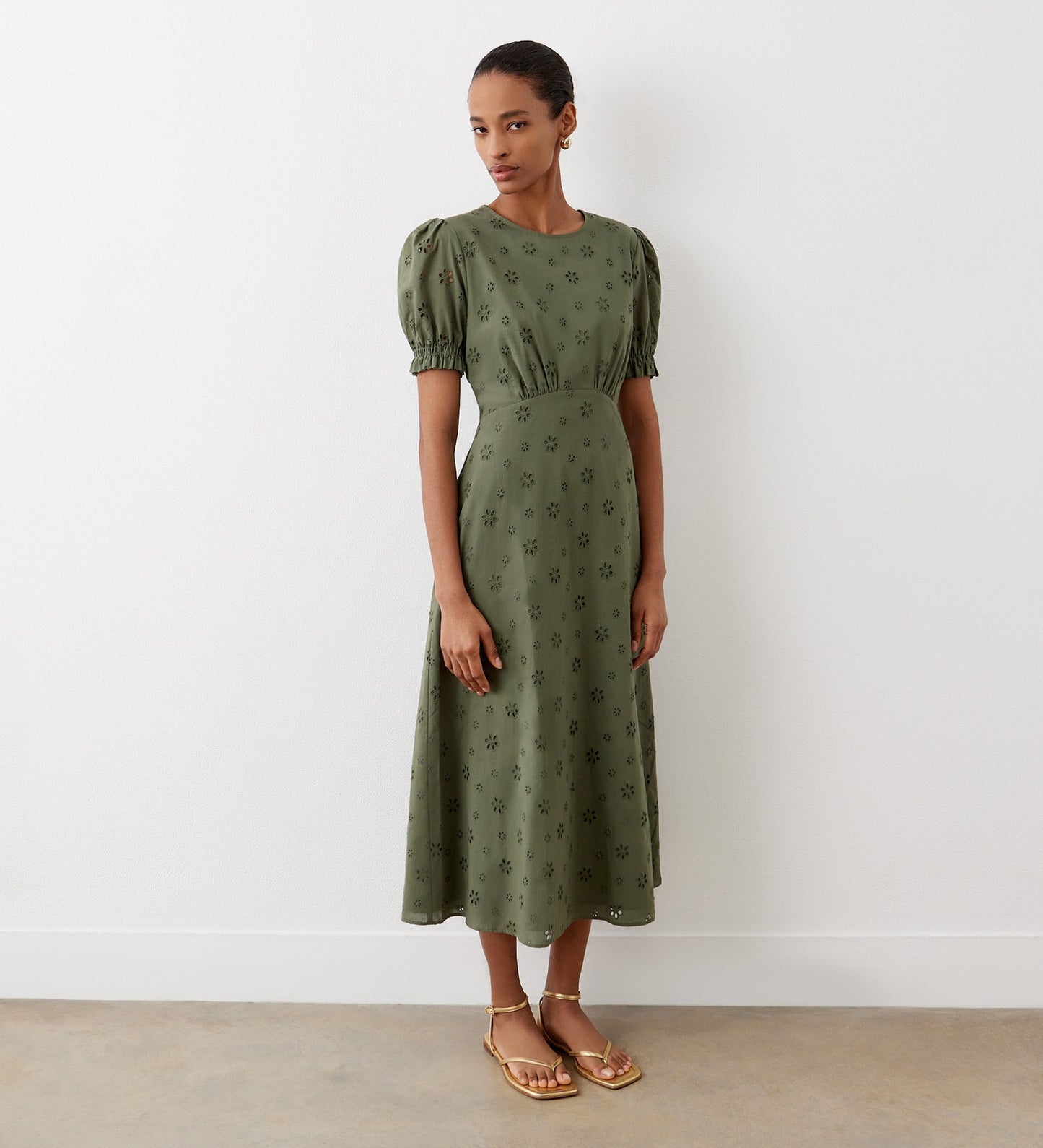 Mela Khaki Broderie Anglaise Cotton Midi Dress