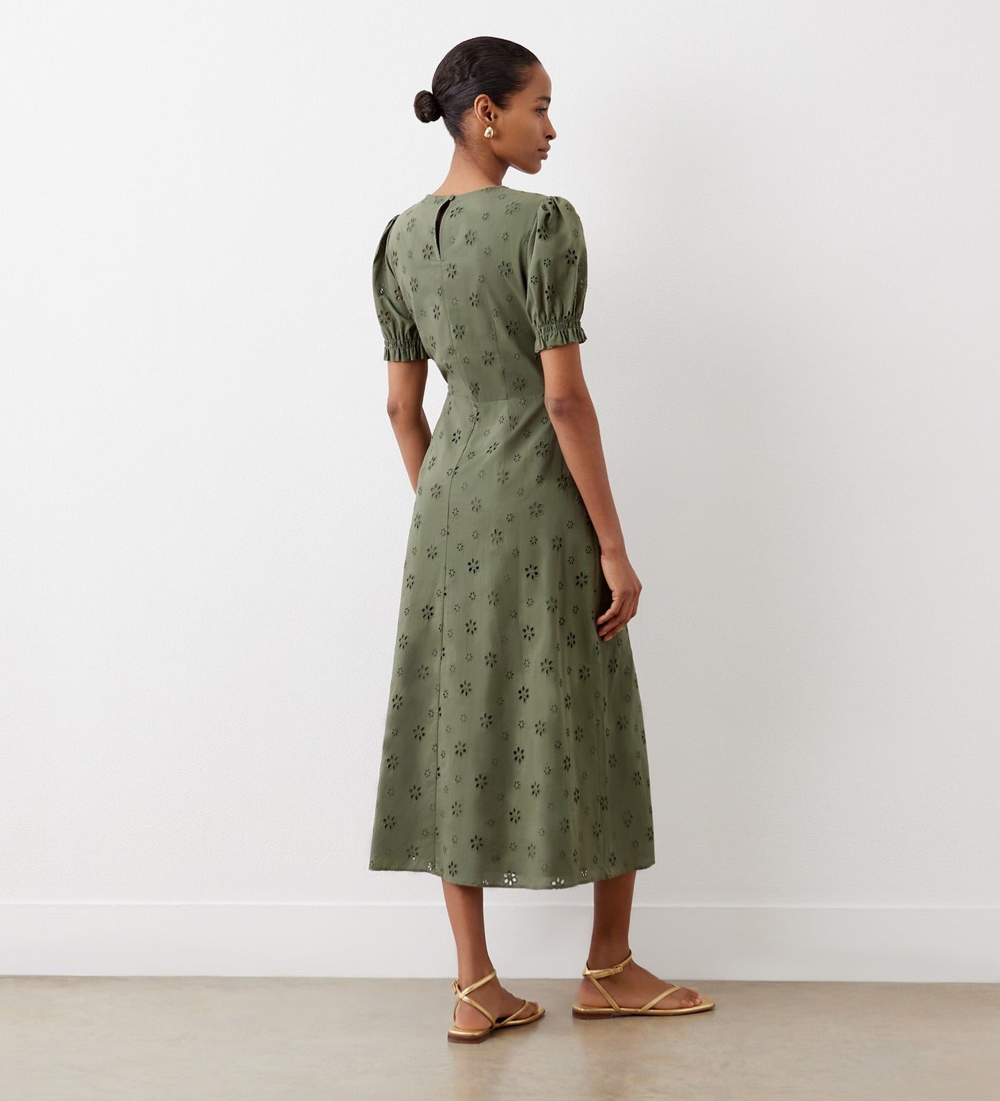 Mela Khaki Broderie Anglaise Cotton Midi Dress