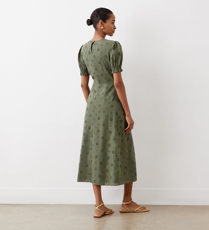 Mela Khaki Broderie Anglaise Cotton Midi Dress