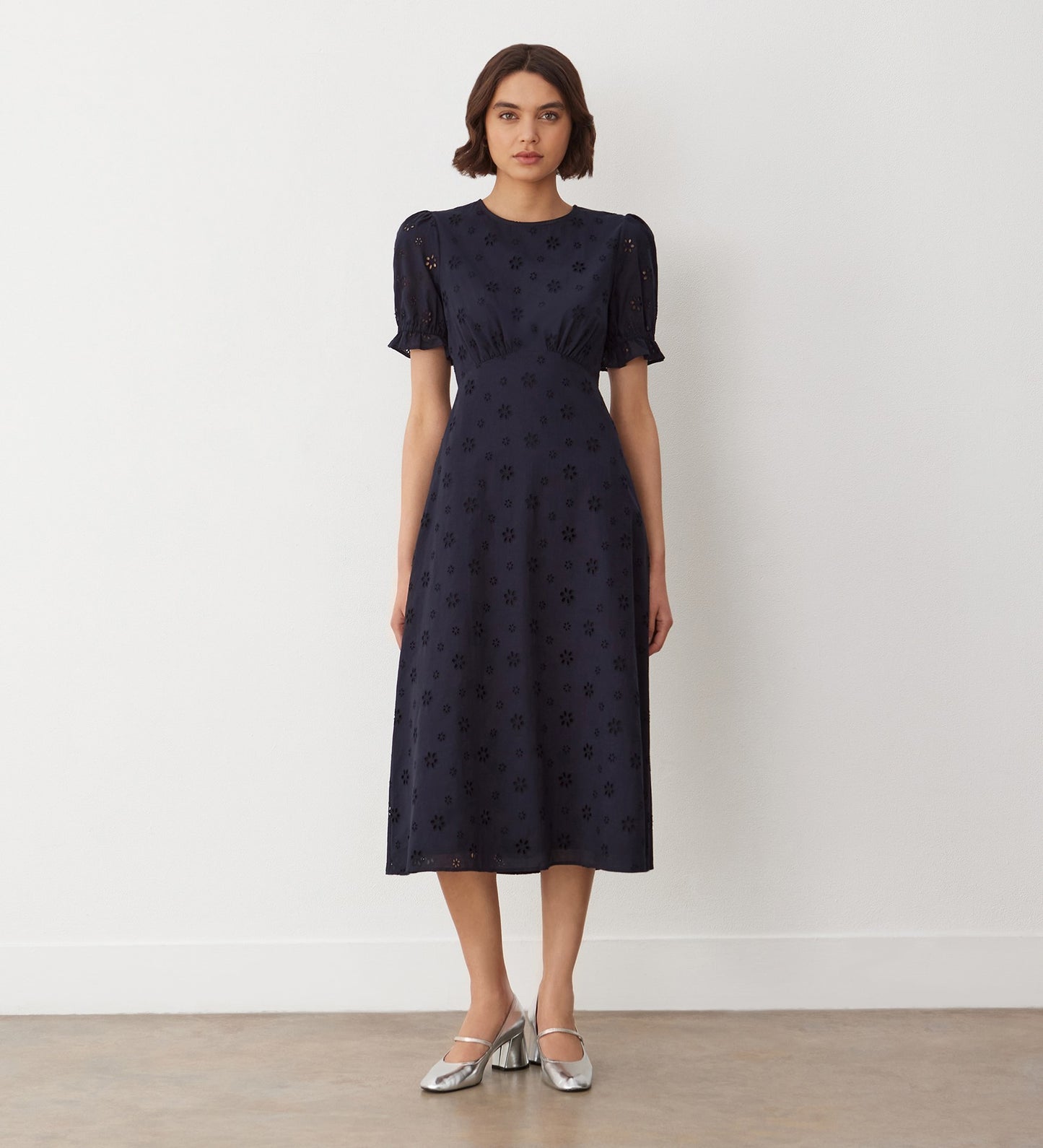 Mela Navy Broderie Anglaise Cotton Midi Dress