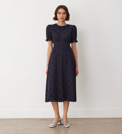 Mela Navy Broderie Anglaise Cotton Midi Dress