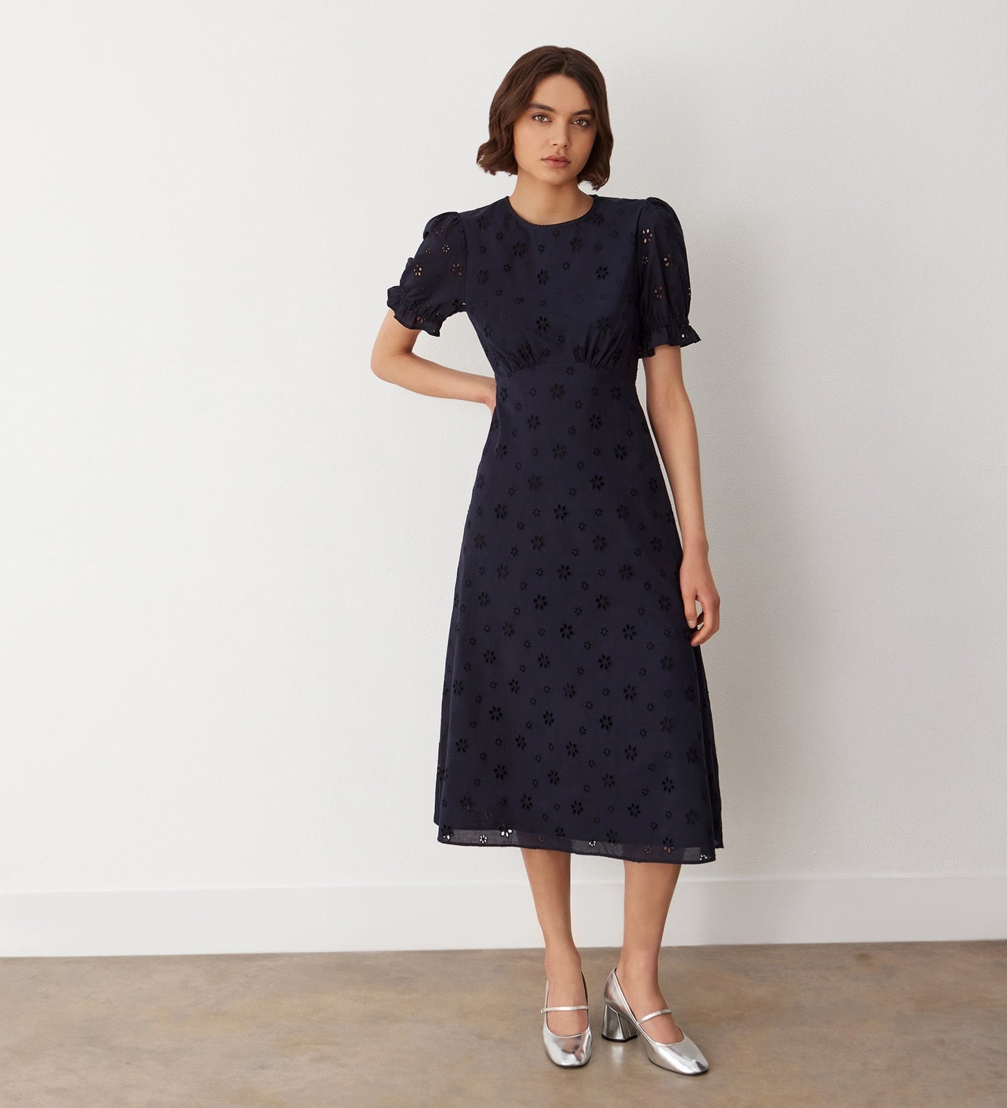 Mela Navy Broderie Anglaise Cotton Midi Dress