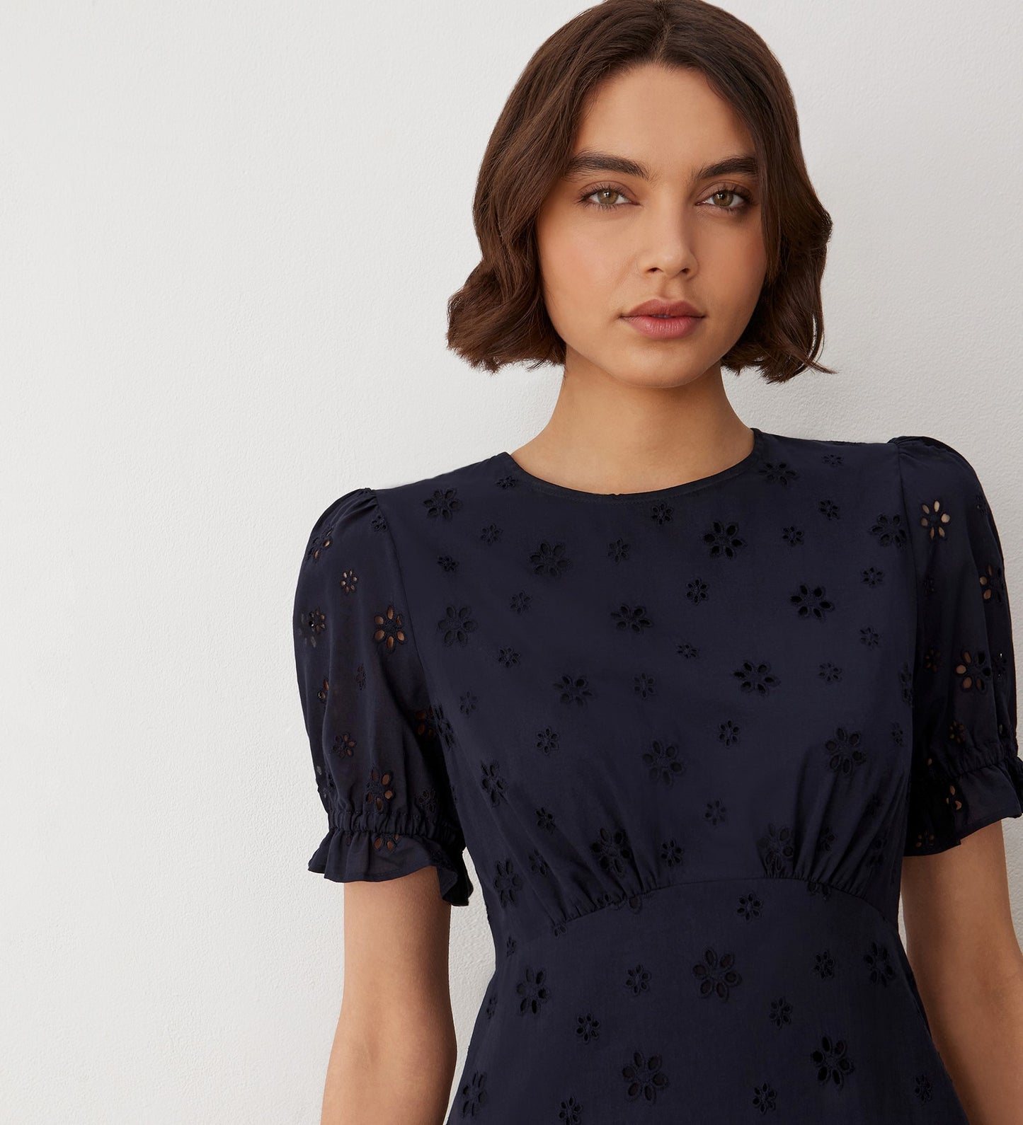 Mela Navy Broderie Anglaise Cotton Midi Dress