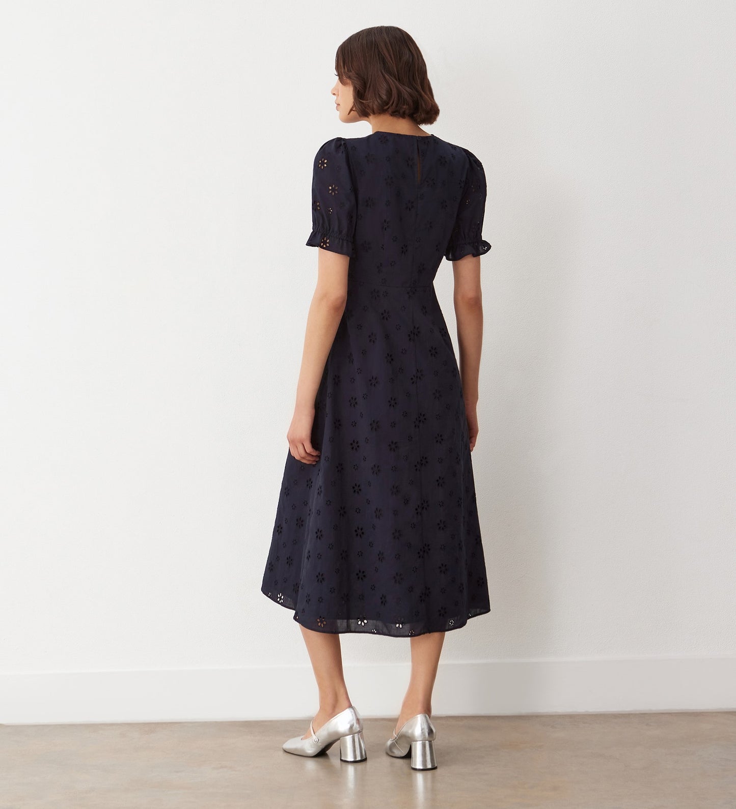 Mela Navy Broderie Anglaise Cotton Midi Dress