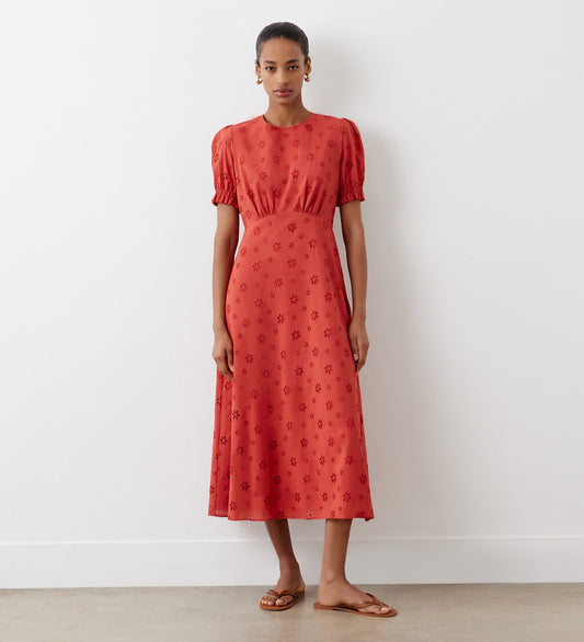 Mela Rust Broderie Anglaise Cotton Midi Dress