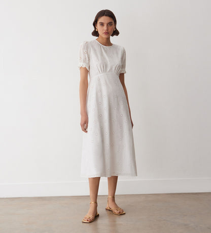 Mela White Broderie Anglaise Cotton Midi Dress