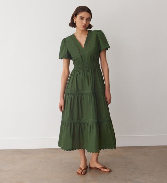 Wren Green Tiered Cotton Midi Dress