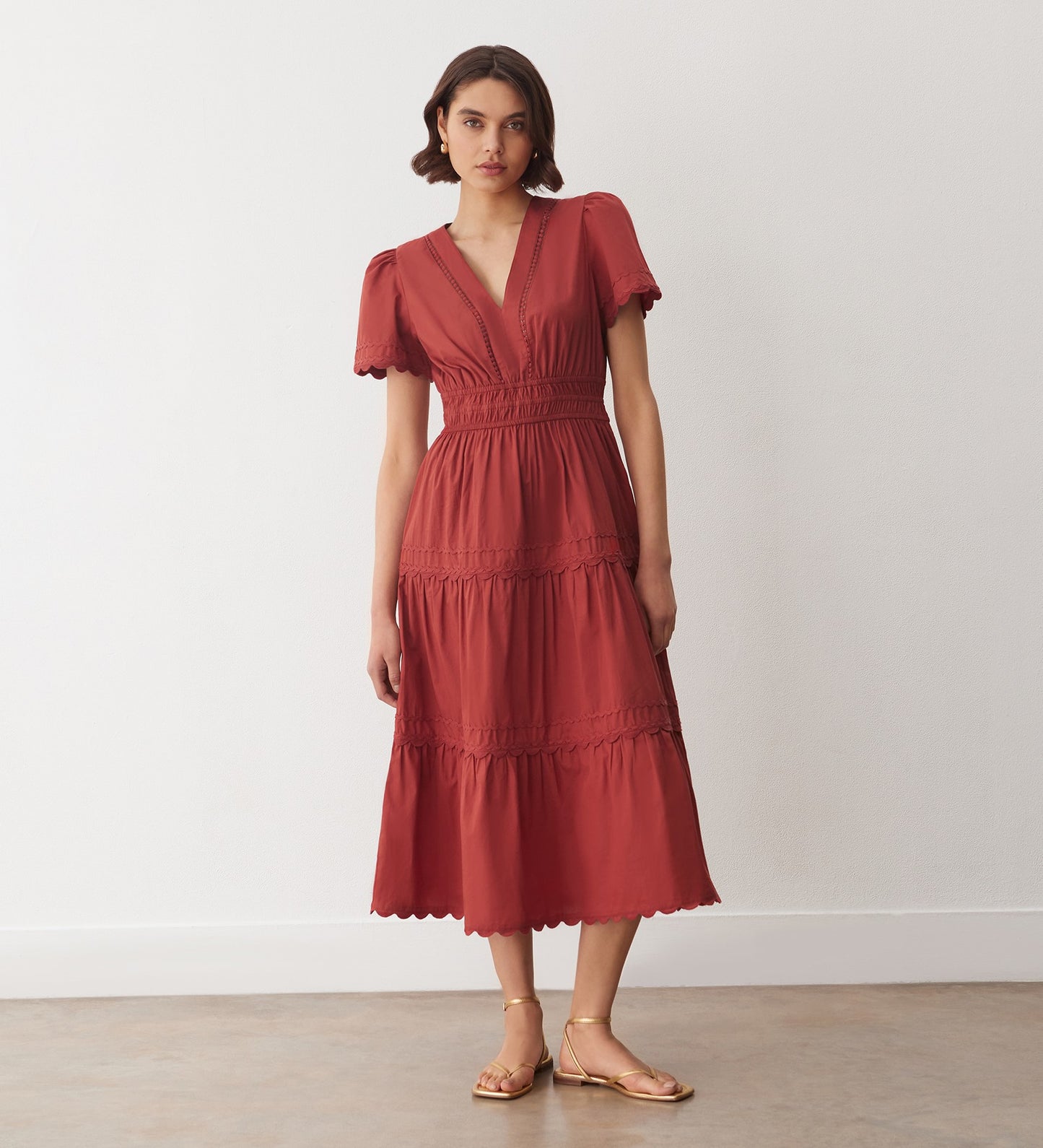 Wren Red Tiered Cotton Midi Dress