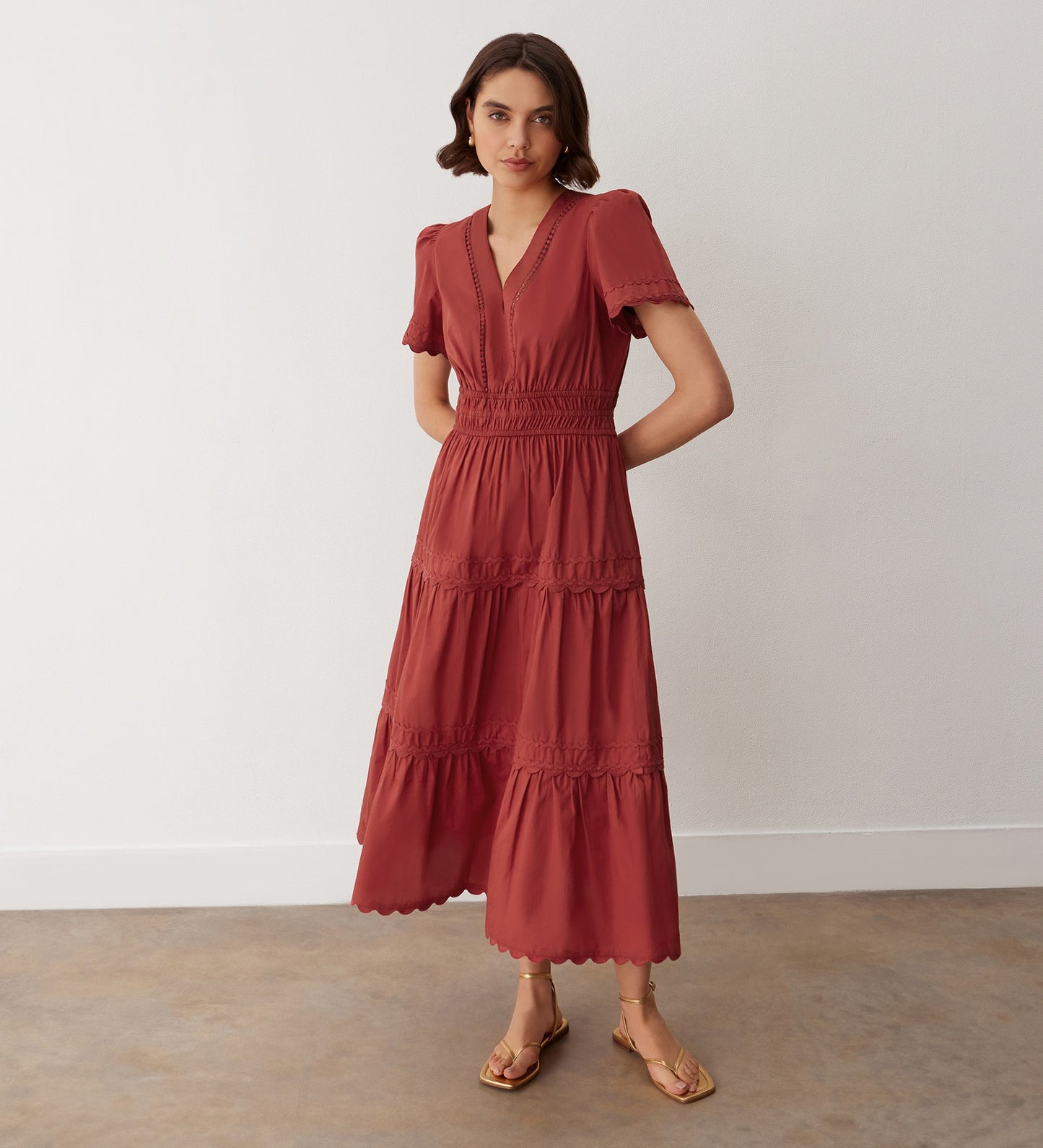 Wren Red Tiered Cotton Midi Dress