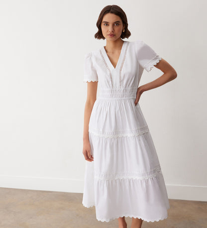 Wren White Tiered Cotton Midi Dress