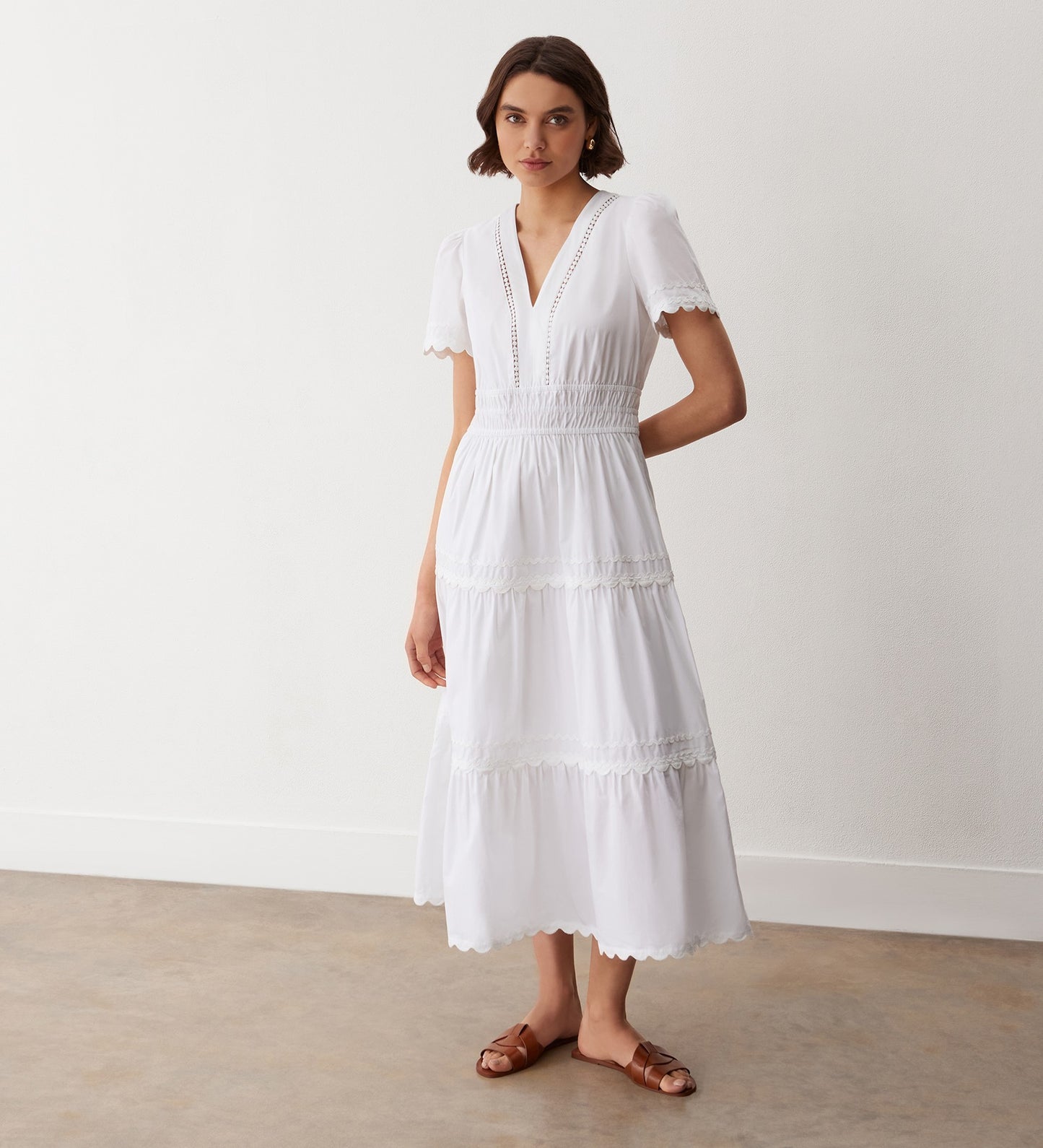 Wren White Tiered Cotton Midi Dress