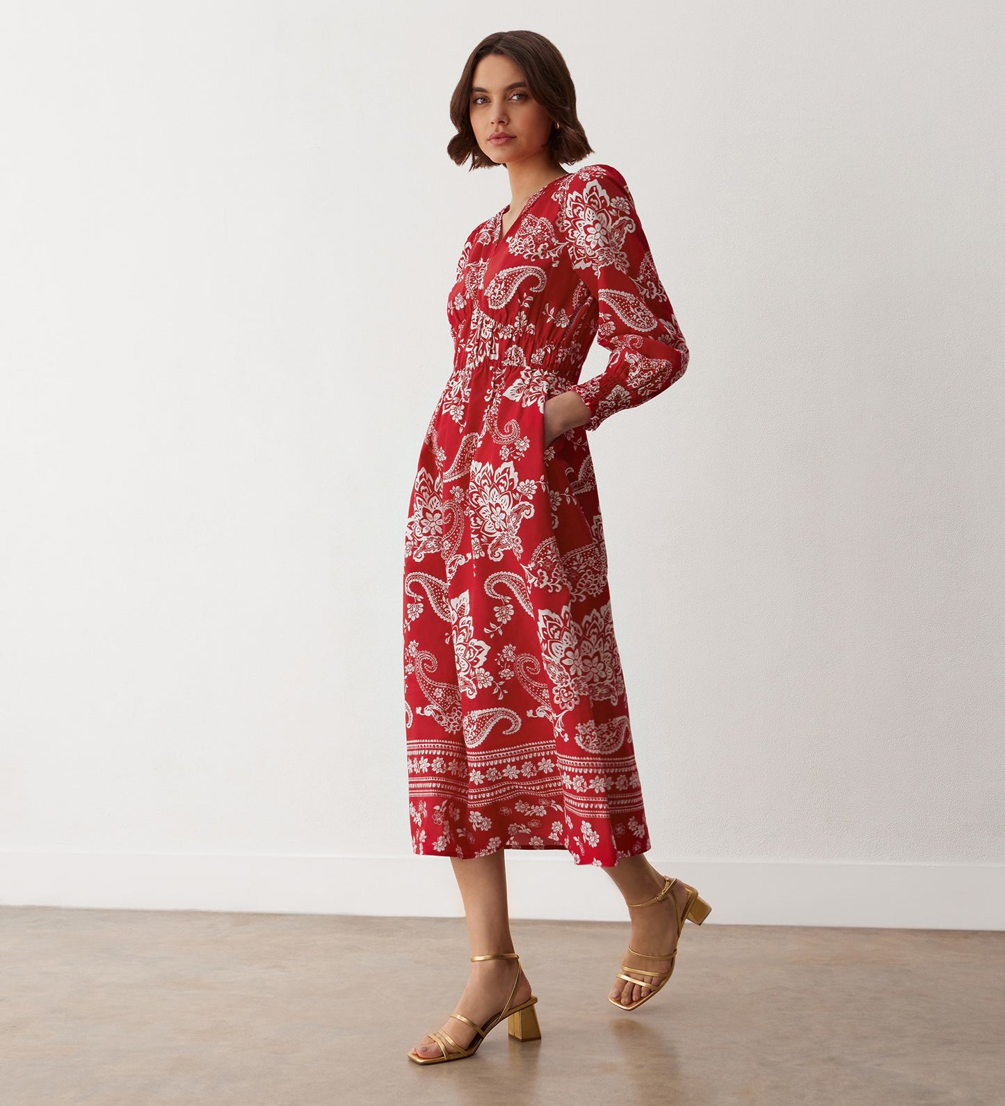 Elodie Red Paisley Cotton Midi Dress