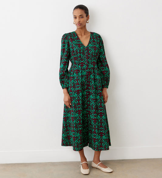 Eliah Green Ikat Cotton Midi Dress