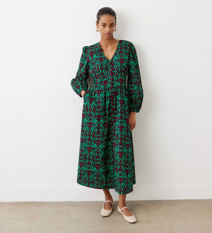 Eliah Green Ikat Cotton Midi Dress