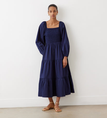 Lauretta Navy Tiered Cotton Midi Dress