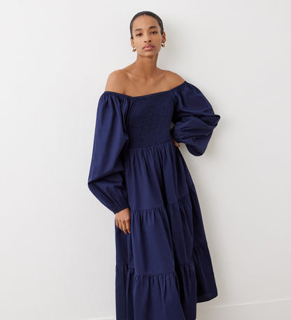 Lauretta Navy Tiered Cotton Midi Dress