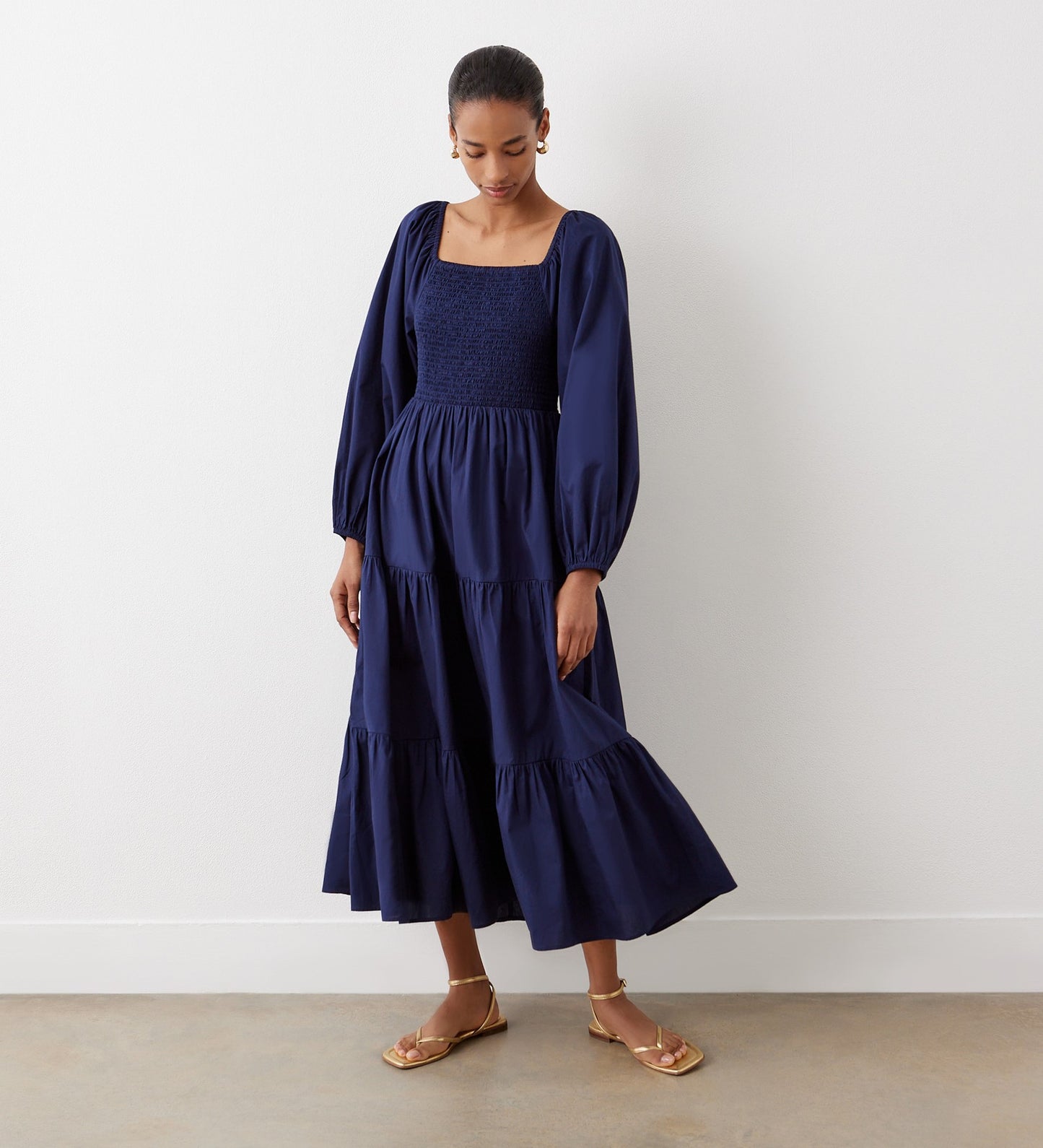 Lauretta Navy Tiered Cotton Midi Dress