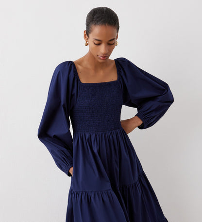 Lauretta Navy Tiered Cotton Midi Dress