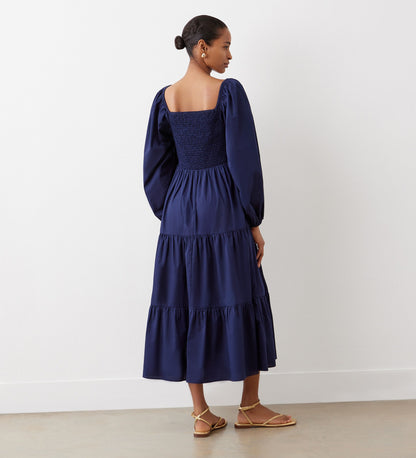 Lauretta Navy Tiered Cotton Midi Dress