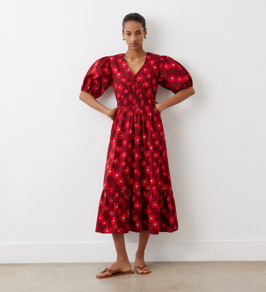 Dalhia Red Daisy Cotton Midi Dress