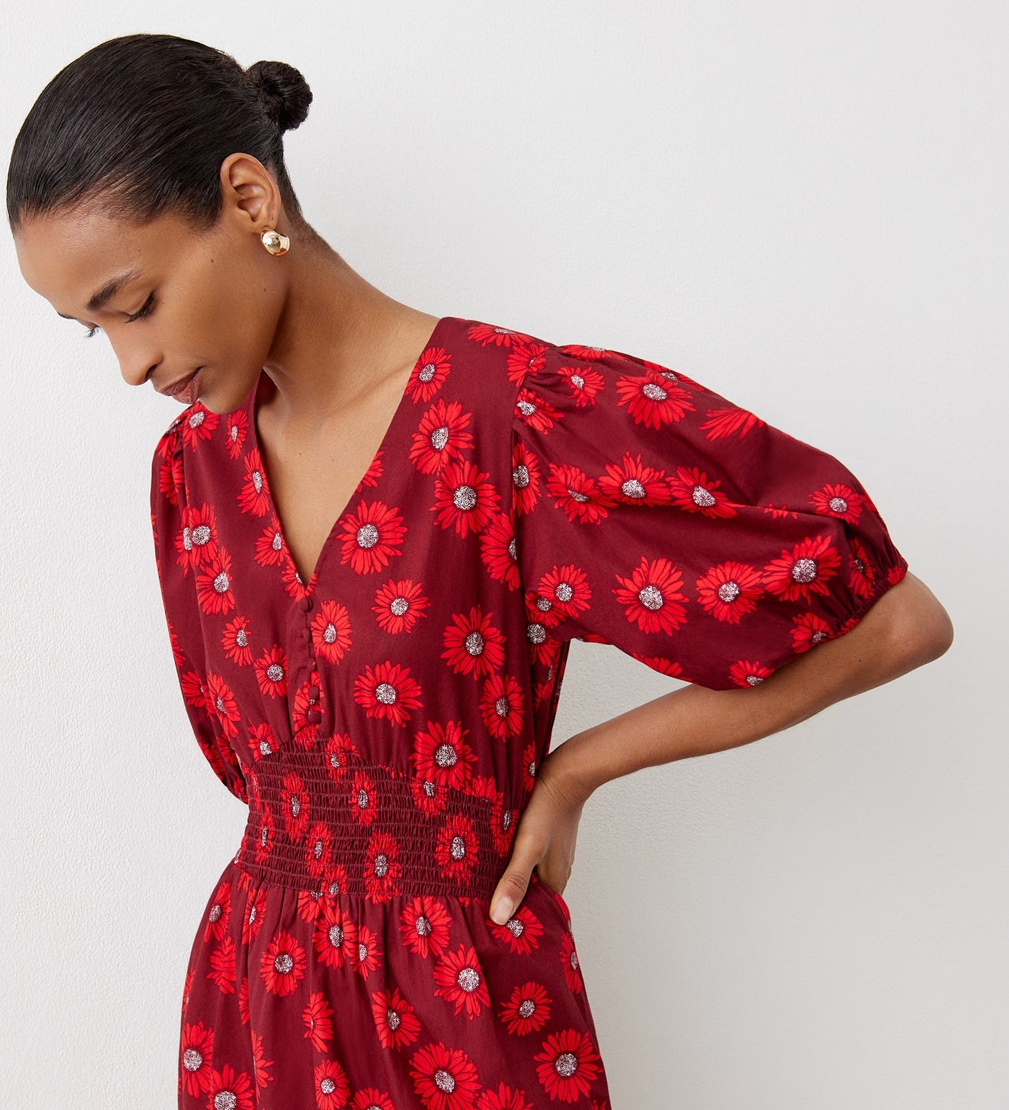 Dalhia Red Daisy Cotton Midi Dress