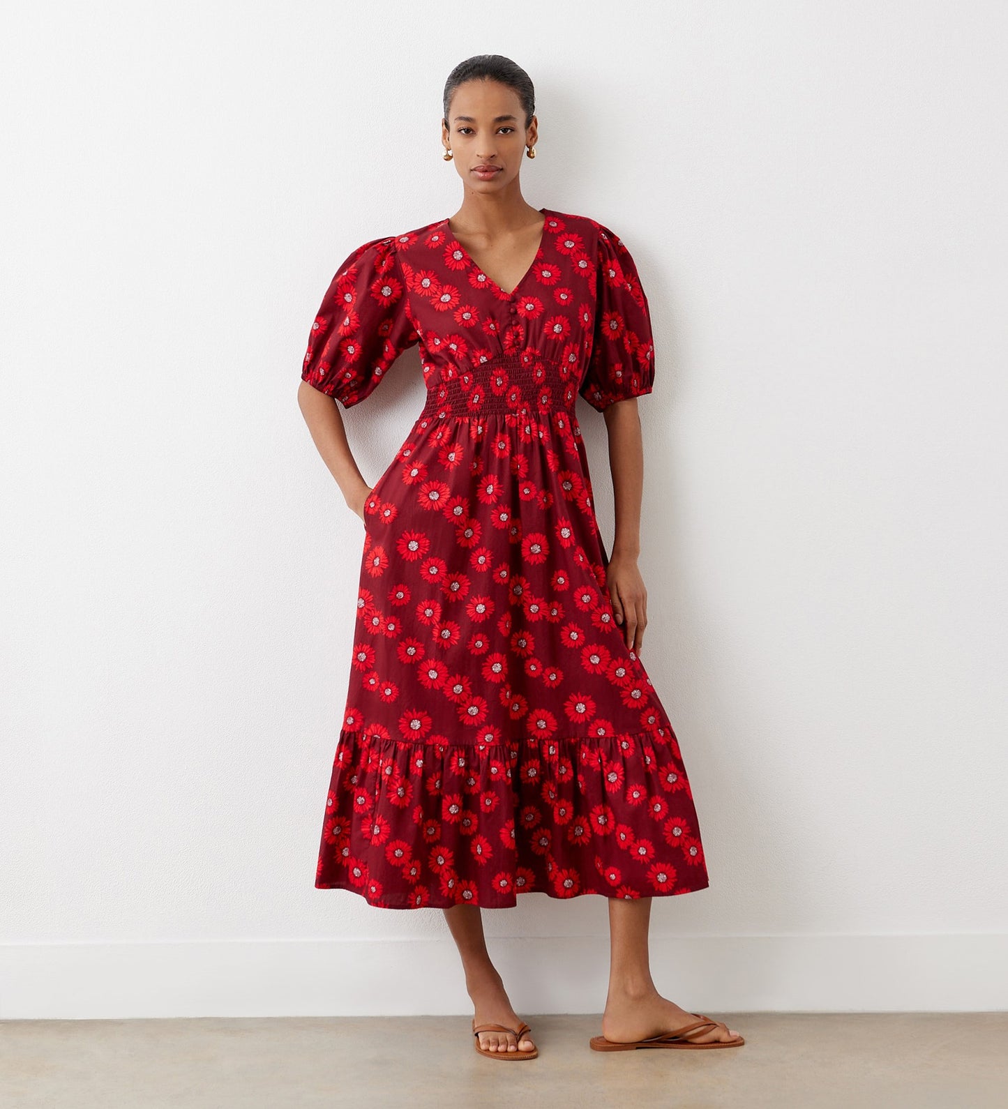 Dalhia Red Daisy Cotton Midi Dress