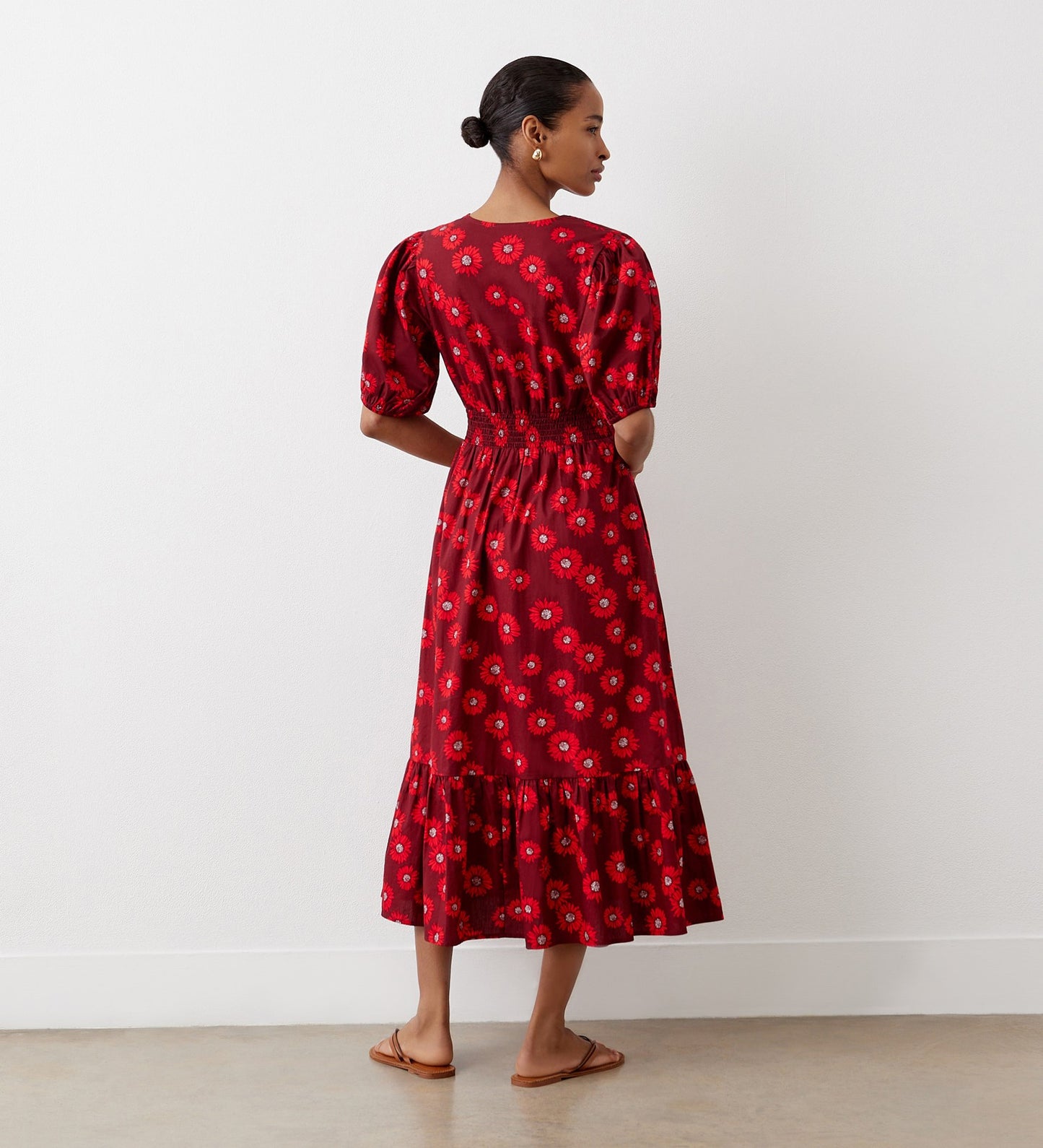 Dalhia Red Daisy Cotton Midi Dress