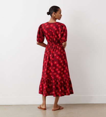 Dalhia Red Daisy Cotton Midi Dress