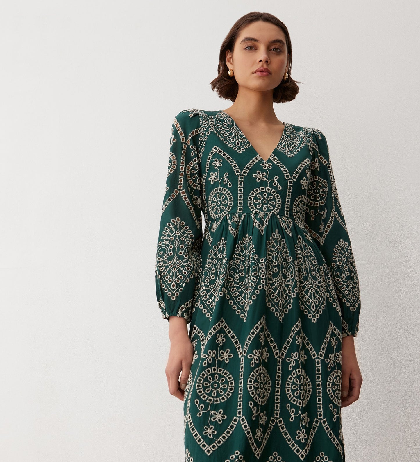 Aurelia Bottle Green Broderie Anglaise Midi Dress