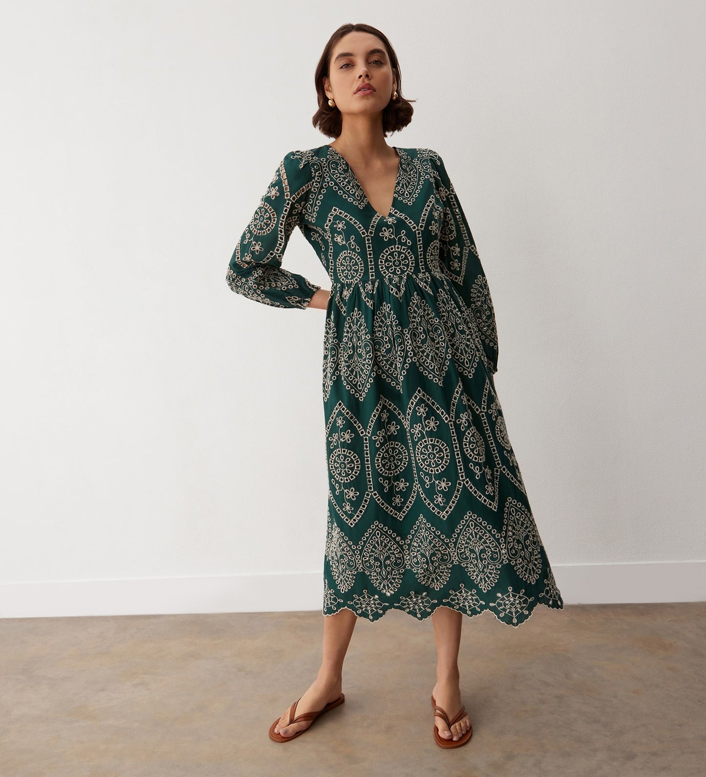 Aurelia Bottle Green Broderie Anglaise Midi Dress