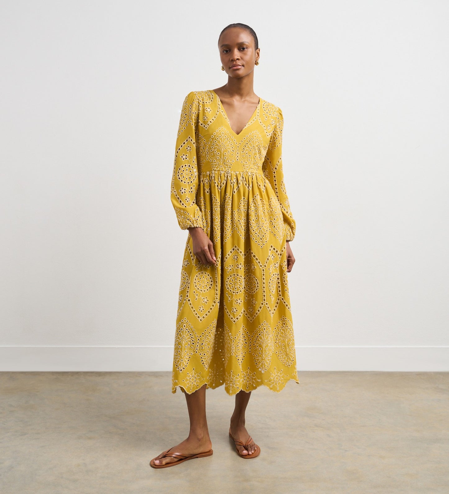 Aurelia Yellow Broderie Anglaise Midi Dress