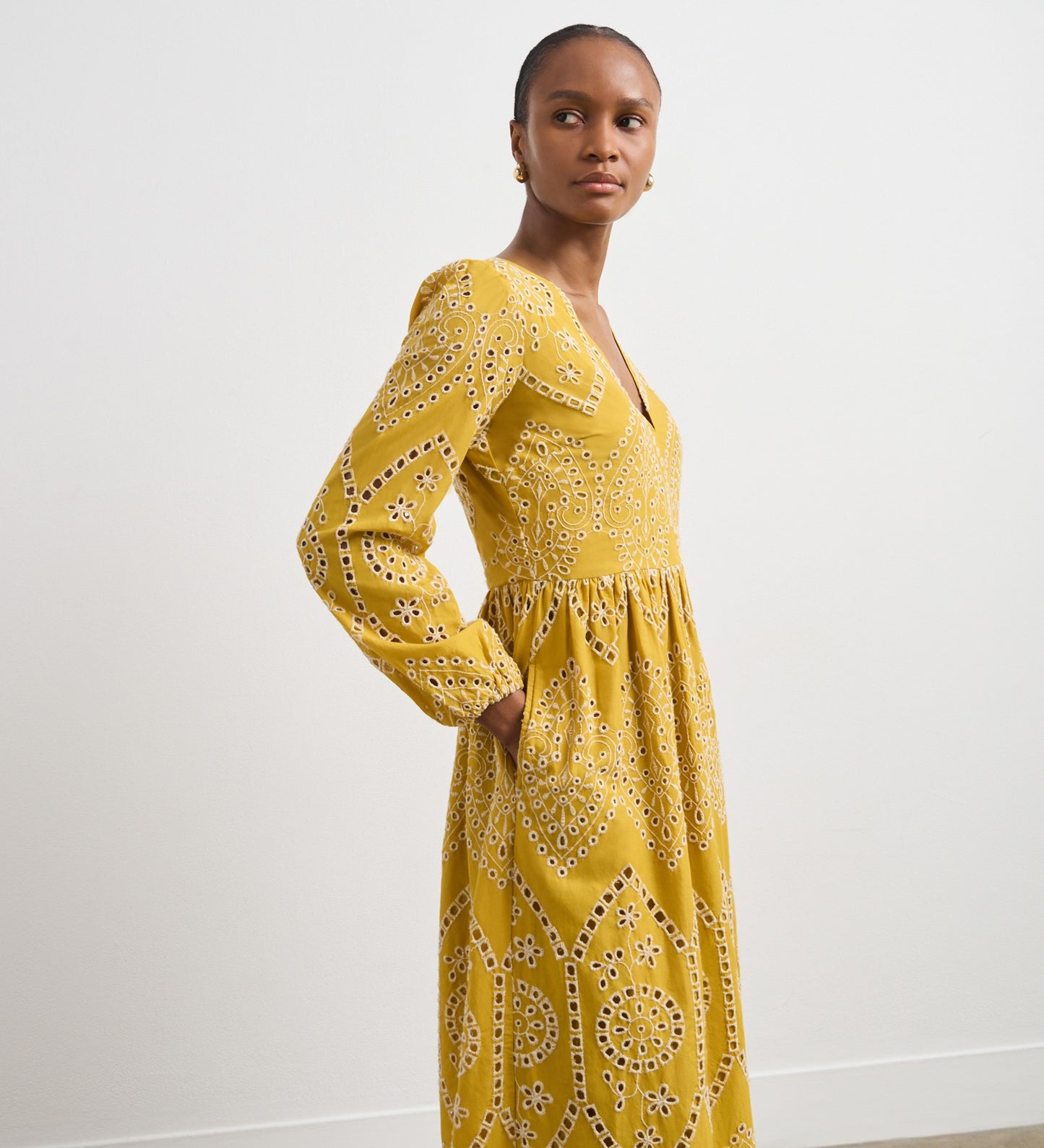 Aurelia Yellow Broderie Anglaise Midi Dress