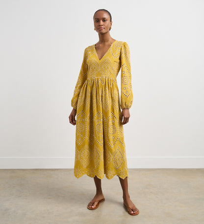 Aurelia Yellow Broderie Anglaise Midi Dress