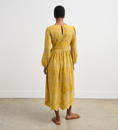 Aurelia Yellow Broderie Anglaise Midi Dress