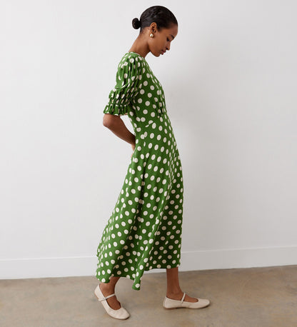 Mela Khaki Spot Crepe Midi Dress