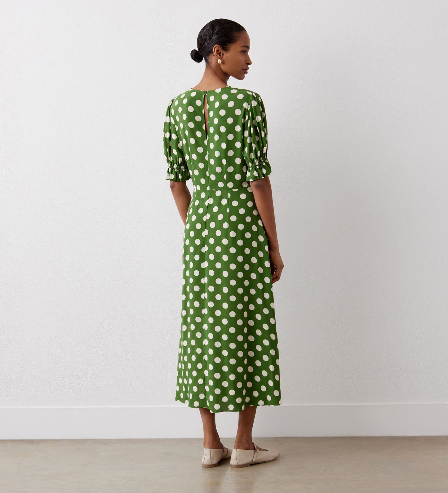 Mela Khaki Spot Crepe Midi Dress