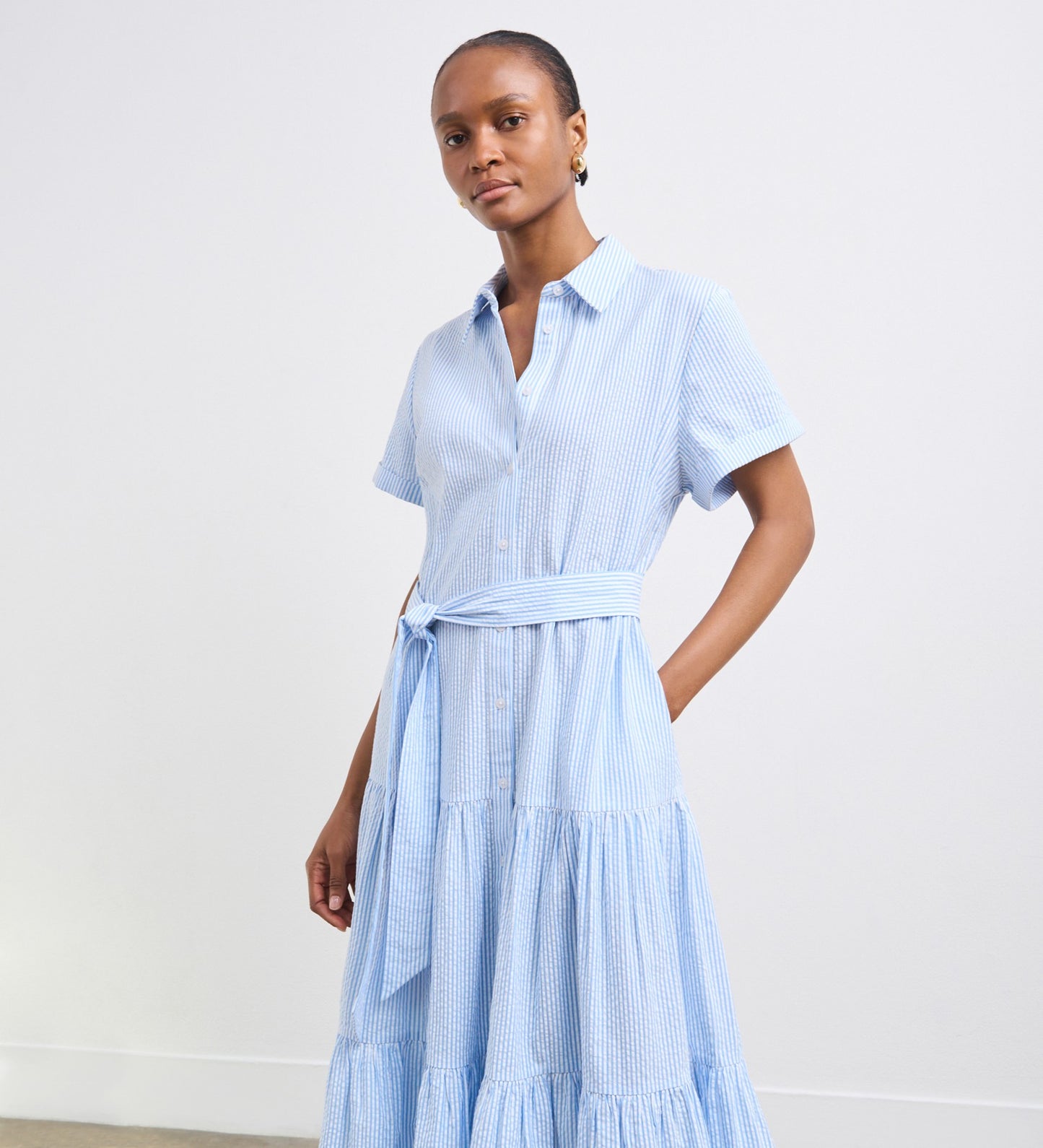 Madison Blue Stripe Cotton Midi Shirt Dress