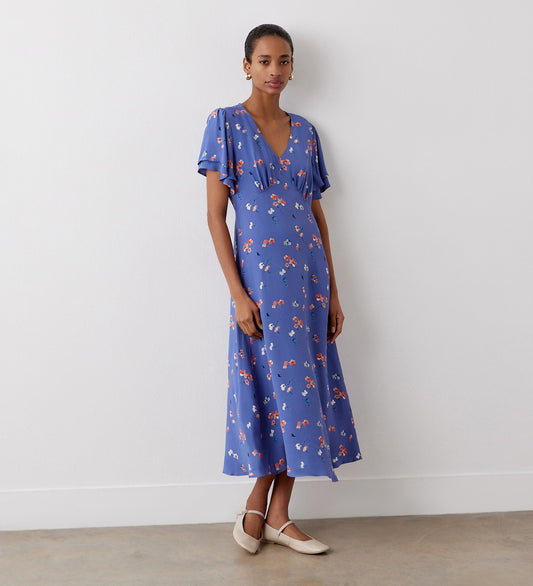 Saskia Blue Floral Midi Crepe Dress