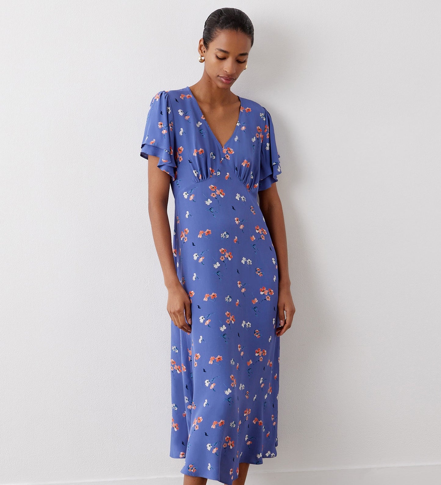 Saskia Blue Floral Midi Crepe Dress