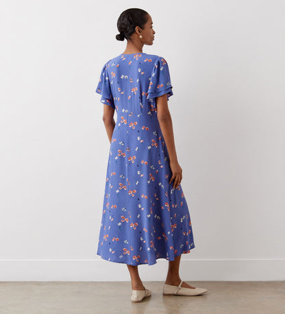 Saskia Blue Floral Midi Crepe Dress