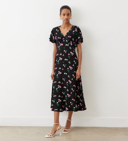 Saskia Black Floral Midi Crepe Dress