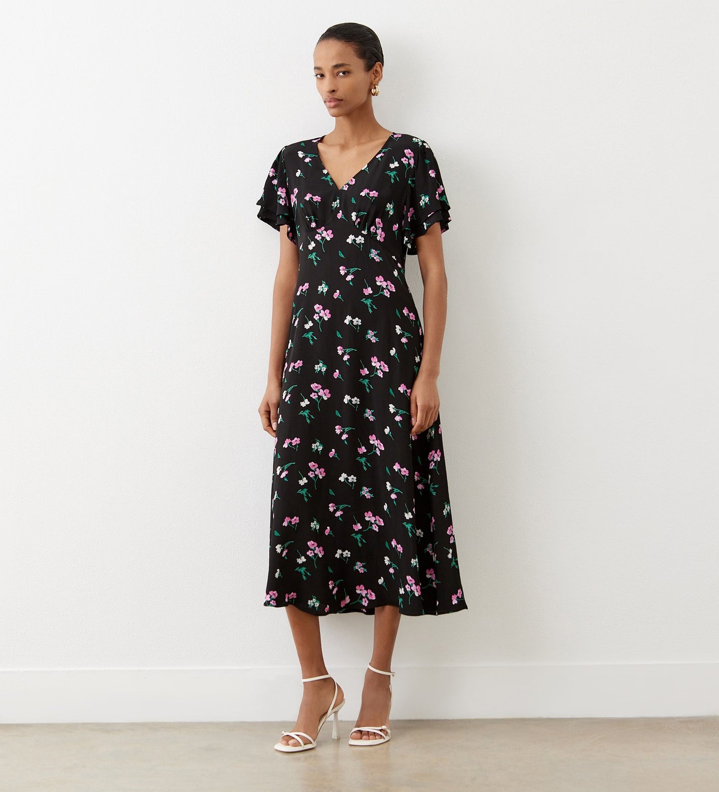 Saskia Black Floral Midi Crepe Dress