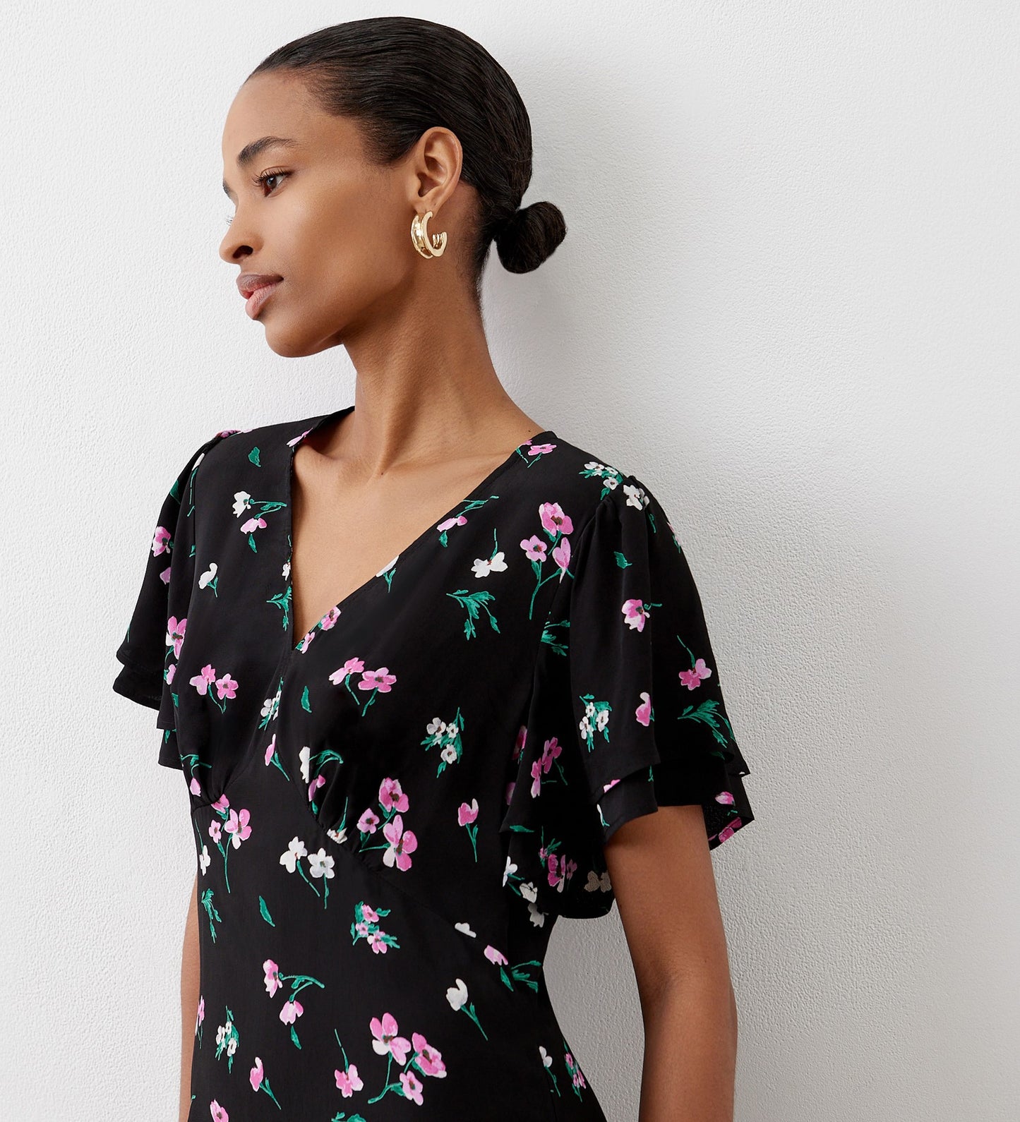 Saskia Black Floral Midi Crepe Dress