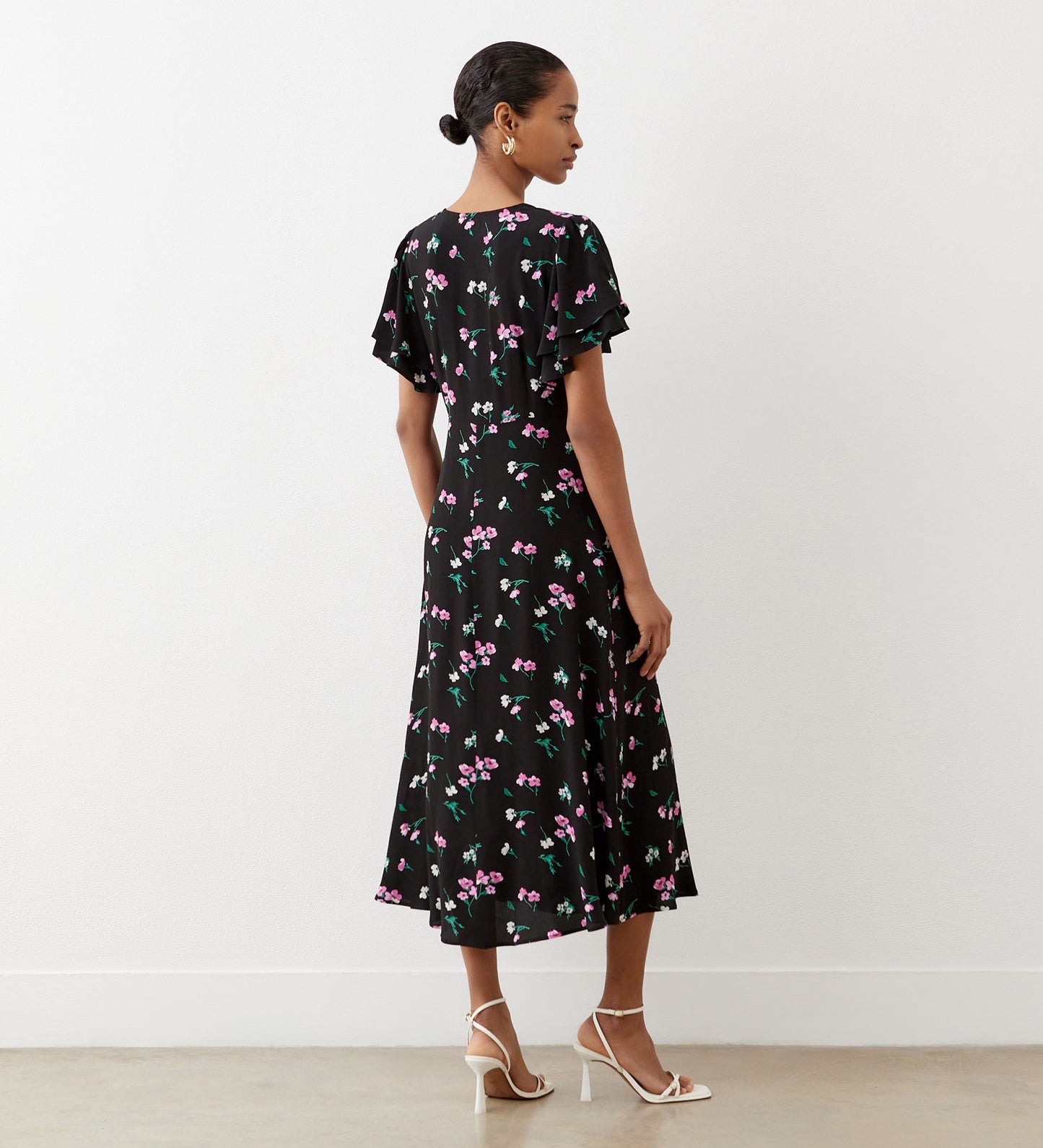 Saskia Black Floral Midi Crepe Dress